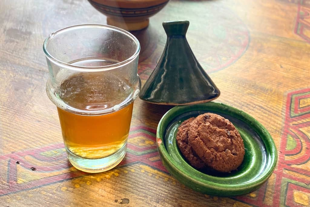 This is a photo of welcome mint tea and a cookie at Riad Saba in Marrakech, Morocco