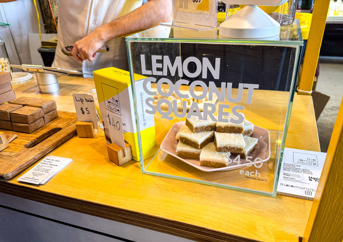 Square pastries on a stall.