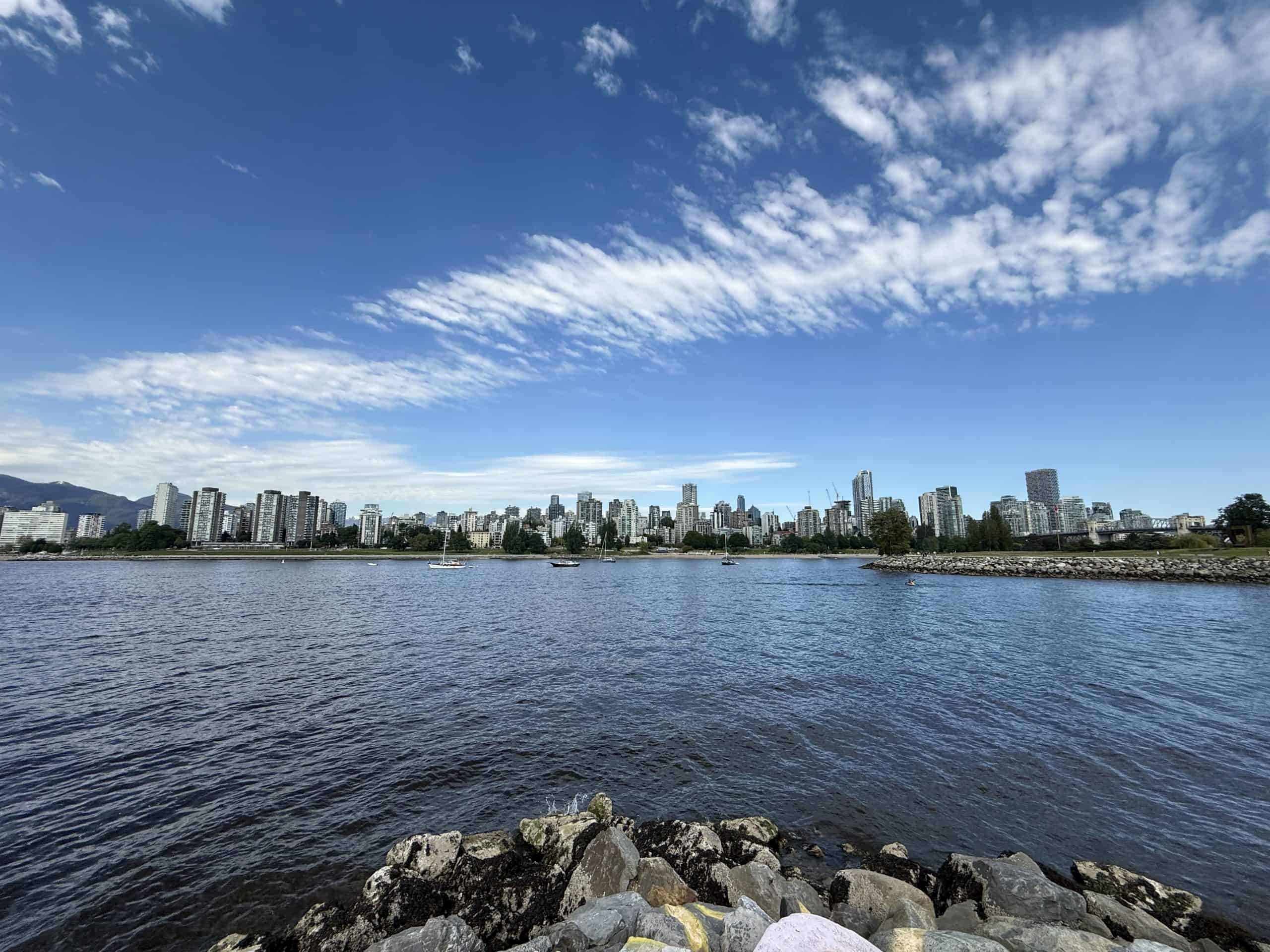 A city view of Vancouver with the sea.