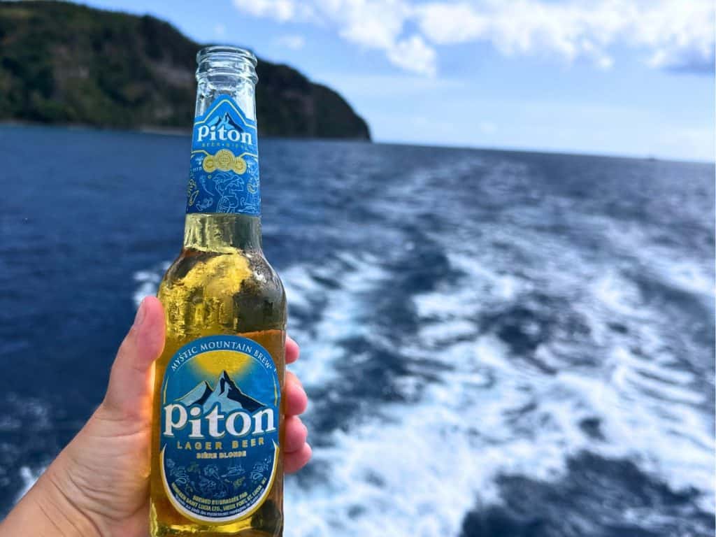 Piton beer on a catamaran in Castries, St. Lucia