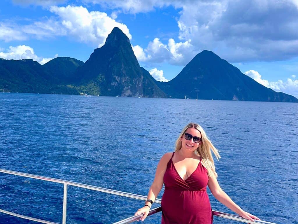 Eleanor in front of the Pitons in St. Lucia