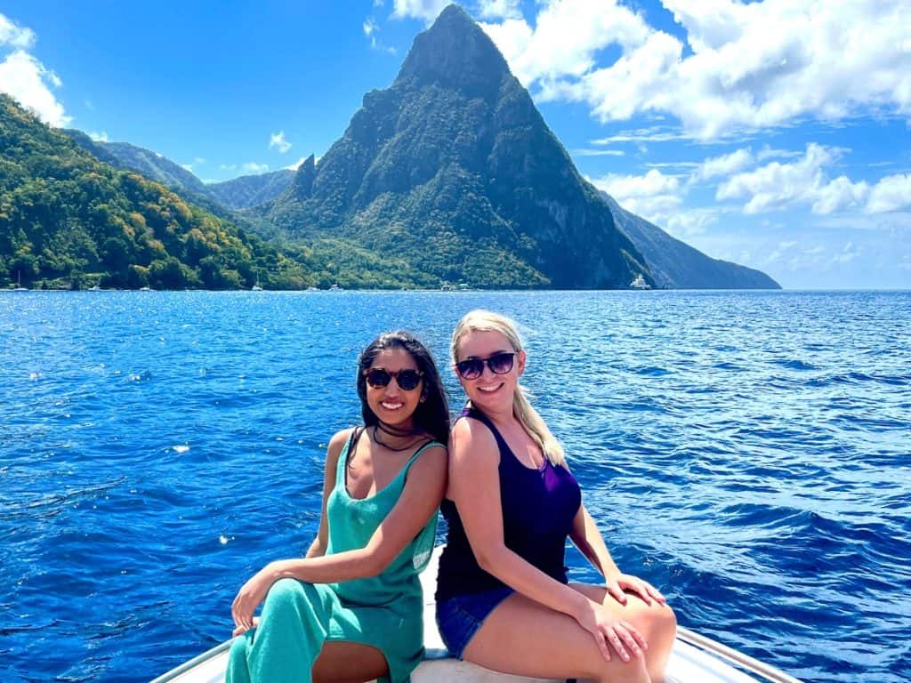 Renee and Eleanor in front of the Pitons in St. Lucia